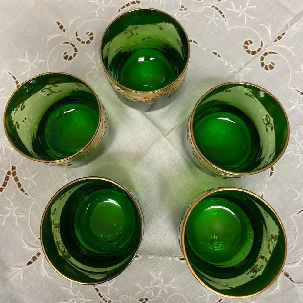 5 VTG Moser Czech Glass Whiskey Green Gold Gilt Enamel Bohemian